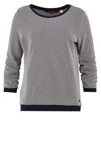 Marinblå och vit prickig långärmad skjorta med rund hals, ribbade ärmslut och nederkant. Mjuk, strukturerad tyg med avslappnad passform.