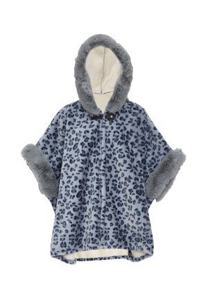 Leo-Poncho mit Kapuze aus blauem Fleece und grauem Kunstpelzbesatz, ausgestattet mit einem Knopfverschluss und weicher, plüschiger Innenauskleidung.