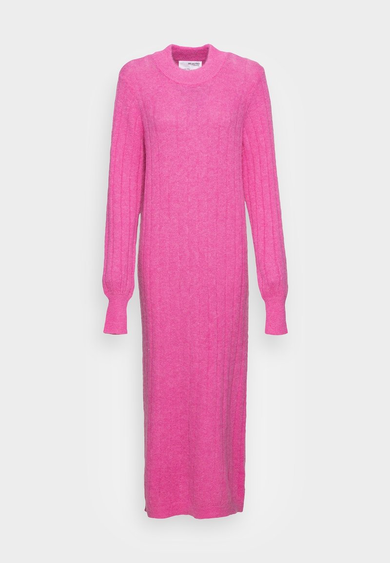 Abito lungo e aderente di un brillante colore rosa, realizzato in tessuto a maglia a coste. Presenta maniche lunghe e un collo rotondo, con una texture liscia.