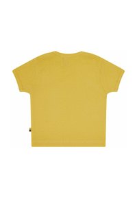 T-shirt di cotone gialla con maniche corte, scollo tondo e orlo dritto. Presenta un piccolo marchio colorato sul lato della cucitura.