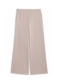 Pantalon beige à jambes larges avec taille élastique, tissu lisse, posé à plat sur fond blanc.