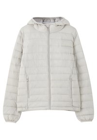 Veste matelassée gris clair avec capuche, fermeture éclair intégrale à l'avant, poches latérales zippées et poignets élastiques aux manches.