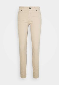 Chino in cotone beige con vestibilità slim, dotati di chiusura con bottone frontale, passanti per cintura, tasche standard e dettagli di cucitura sobria.