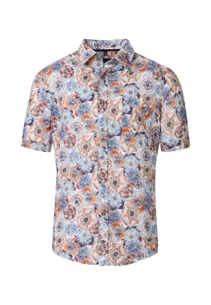 Korte mouwen getailleerd shirt met een kleurrijk bloemenpatroon in blauw, oranje en crème op een witte achtergrond; katoen stof.