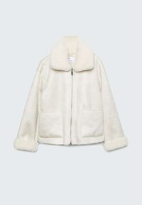 Veste en polaire couleur crème avec fermeture éclair devant, grand col, deux poches avant et poignets repliés, présentée sur un fond uni.