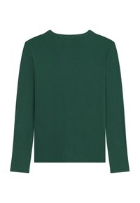 Langärmliges Hemd aus dunkelgrünem Stoff, mit Rundhalsausschnitt und schlichter Gestaltung ohne sichtbare Muster oder zusätzliche Hardware.