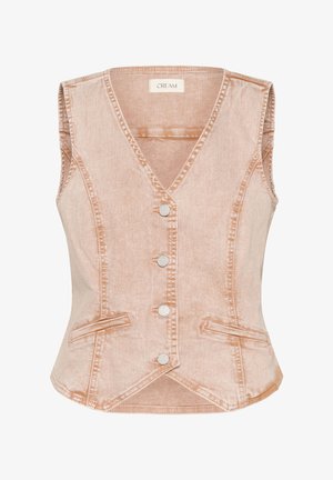 Őszibarack színű farmer mellény V-nyakkal, ujjatlan kialakítással, öt ezüst színű gombbal és két elülső zsebbel. Puha tapintású, enyhén fényes felületű.