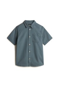 Camicia a maniche corte con bottoni di colore blu spento, realizzata in cotone, dotata di tasca, texture liscia e design del colletto classico.
