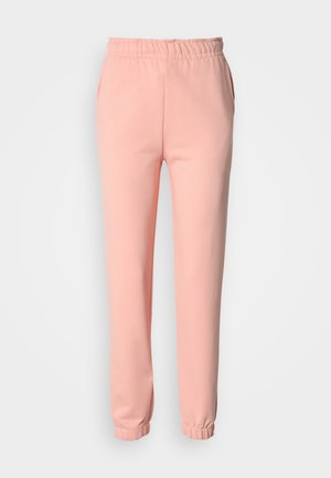 Hellrosa Jogginghosen aus weichem Baumwollmischgewebe mit elastischem Bund, Seitentaschen und gesammelten Bündchen an den Knöcheln.