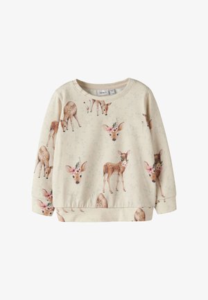Felpa beige con scollo rotondo caratterizzata da un motivo ripetuto di cervi e dettagli floreali. Tessuto morbido con vestibilità comoda e orlo a coste.