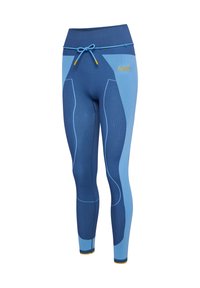 Blå atletiska leggings med varierande nyanser av blått, en texturerad design, dragsko i midjan och kontrasterande gult accentdetaljer.