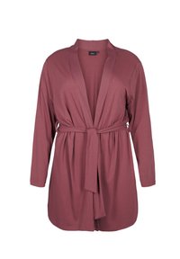 Långärmad, öppen cardigan i dämpad mauve, med knytmidja, ribbad textur och faller under höfterna, lämplig för lager-på-lager-stil.