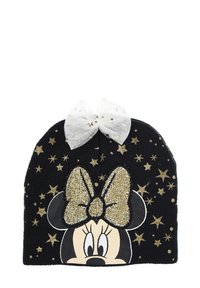 Beanie nera lavorata a maglia con un brillantino oro a forma di fiocco, design di Minnie Mouse e stelle dorate stampate. Texture morbida per il calore.