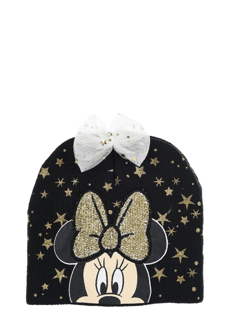Beanie nera lavorata a maglia con un brillantino oro a forma di fiocco, design di Minnie Mouse e stelle dorate stampate. Texture morbida per il calore.