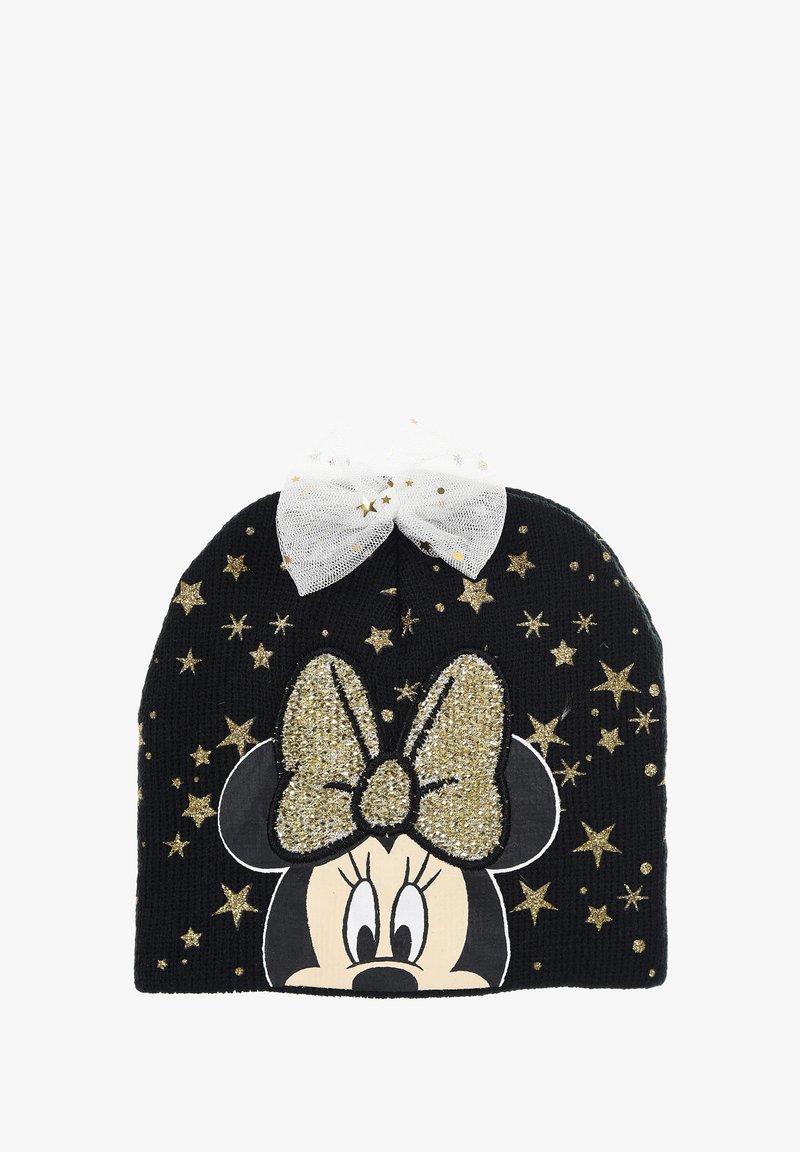 Beanie nera lavorata a maglia con un brillantino oro a forma di fiocco, design di Minnie Mouse e stelle dorate stampate. Texture morbida per il calore.