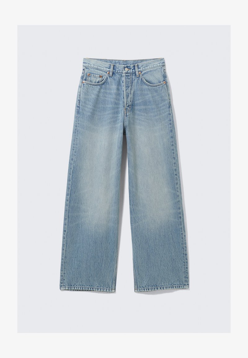 Light blue wide-leg denim jeans featuring a faded wash, five pockets, and metal rivets; straight silhouette with a clean hem.