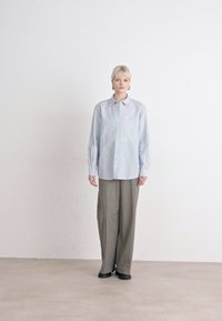 Camicia button-up azzurro chiaro con colletto dritto, maniche lunghe e vestibilità rilassata, abbinata a pantaloni a quadri grigi con vita alta.