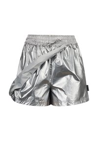Zilverkleurige metalen shorts met een elastische tailleband, trekkoordsluiting en een ontspannen pasvorm. Glad oppervlak met een reflecterende afwerking.