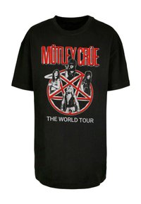 Svart bomull T-skjorte med grafikk av fire personer og en rød pentagram, med «MÖTLEY CRÜE» og «THE WORLD TOUR» trykket i hvitt og rødt.