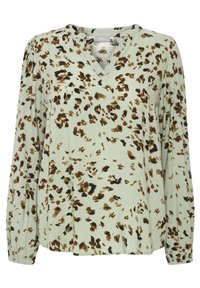 Mintgrünes Blusenshirt mit V-Ausschnitt, langen Ärmeln und einem Leopardenmuster in braunen und schwarzen Tönen. Hergestellt aus weichem, leichtem Material.