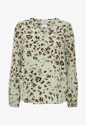 Blusa verde menta con scollo a V, maniche lunghe e motivo leopardato nei toni del marrone e del nero. Realizzata in materiale morbido e leggero.