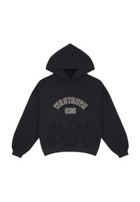 Black hoodie with a front pocket, ribbed cuffs, and hem. Features white embroidery reading “WRSTBHVR 030” across the chest, made of soft fabric.