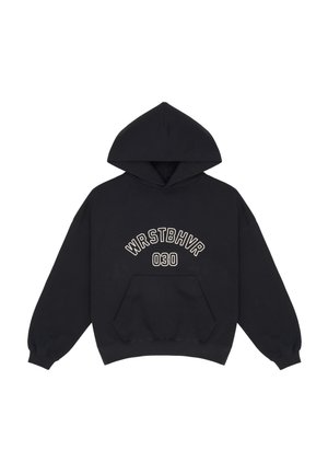 Black hoodie with a front pocket, ribbed cuffs, and hem. Features white embroidery reading “WRSTBHVR 030” across the chest, made of soft fabric.