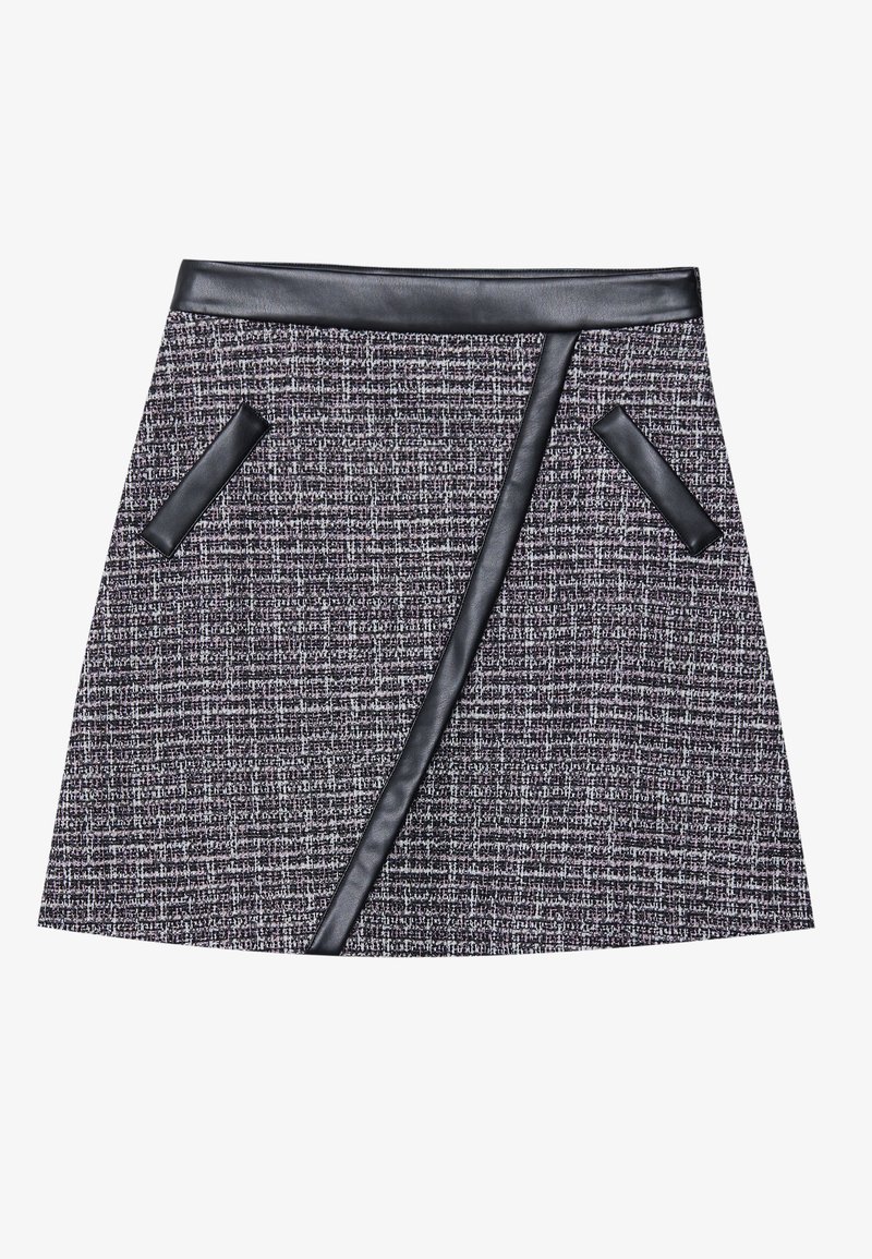 Tkaničasta mini suknja u crnoj i sivoj boji s glatkim kožnim pojasom i naglaskom na džepovima, s dizajnom koso krojenog prednjeg panela.