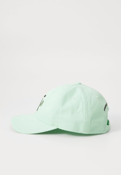 Mint green baseball cap with a curved brim, embroidered cactus design on the front, and adjustable strap at the back. Cotton material.
