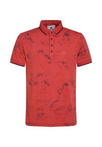 Polo shirt rossa con colletto abbottonato, caratterizzata da un motivo a bambù in blu scuro e accenti contrastanti in blu navy sulle maniche e sul colletto.