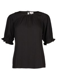 Svart kortärmad topp med puffärmar, med rund halsringning och volangmanschetter. Tyget verkar slätt med en lätt lyster.