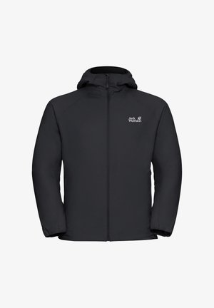 Schwarze Kapuzenjacke mit einem Frontreißverschluss, langen Ärmeln und elastischen Bündchen. Verfügt über ein Logo auf der linken Brustseite. Glatte Textur.