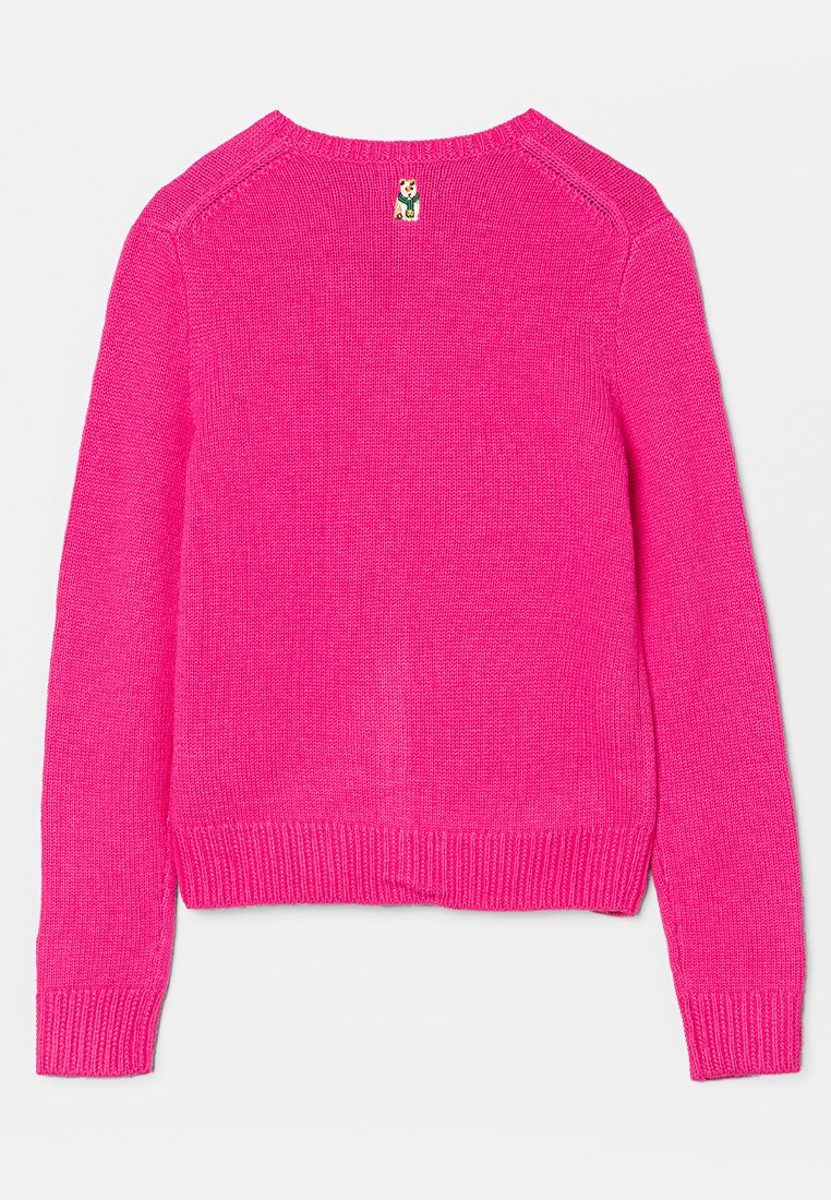Fuksjowy sweter dzianinowy z długimi rękawami, ściągaczowym dołem i mankietami, z małym haftowanym logo zwierzęcia przy tylnej części dekoltu.