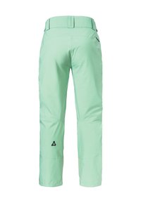 Mintgrüne Skihose aus leichtem Material, mit einem breiten Taillenbund und einem Logo auf der unteren linken Seite, im geraden Schnitt.