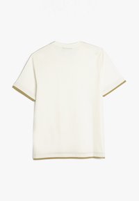 Kortsleeve, cremefarvet t-shirt med kontrasterende olivengrønne detaljer på ærmerne. Blødt bomuldsstof, simpel rund halsudskæring, ensfarvet ryg.