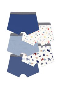 Πέντε ζευγάρια εφηβικά μποξέρ: μονόχρωμα μπλε, ριγέ μπλε και δύο με σχέδια με αστέρια και ζώα, με γκρι ελαστικές ζώνες στη μέση.