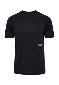 Zwarte sportieve t-shirt met korte mouwen, ronde hals en raglan ontwerp. Heeft een wit "hummel" logo aan de onderkant links. Glad materiaal.