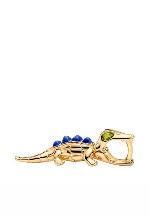 Spilla dorata a forma di alligatore con punte di pietra blu sulla schiena e un occhio di pietra preziosa verde, bocca aperta a forma di anello.