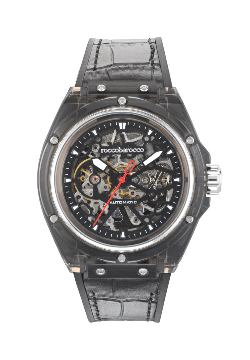 Transparente automatische Uhr mit einem schwarzen Lederband. Verfügt über ein Skelettdesign, rote und weiße Akzente sowie silberne Beschläge.