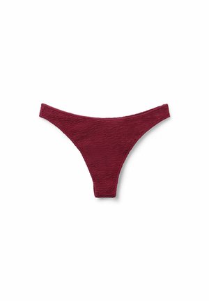 Burgundy bikini bottom made of textured fabric, featuring a low-rise design and thin sides for minimal coverage.