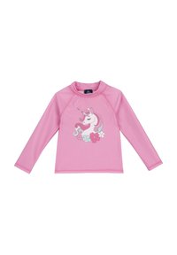 Rosa långärmad rash guard med en enhörning grafik med en flödande man, omgiven av blåa och rosa blommor. Tillverkad av lätt, elastisk tyg.