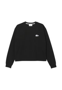 Sweatshirt preto cropped em algodão, com decote redondo, mangas compridas e um pequeno logótipo bordado da Lacoste em branco no peito.