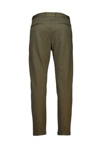 Pantalons vert olive au design épuré, avec deux poches arrière et des ourlets retournés. Fabrication en tissu doux et extensible.