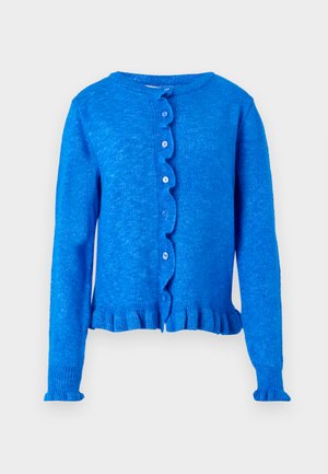 Cardigan en tricot bleu avec des manches longues, un col rond, un ourlet à volants et une fermeture à cinq boutons avec des bords festonnés et un tissu texturé.