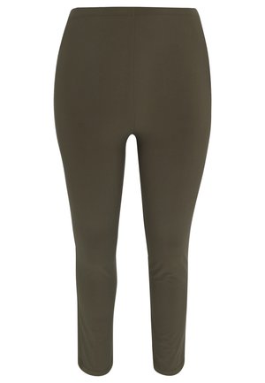 Olijfgroene leggings van rekbaar materiaal, met een zachte textuur en een strakke pasvorm, die net boven de enkel eindigen.