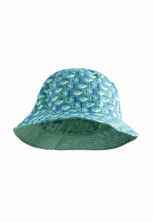 Light blue-green bucket hat patterned with small blue and white fish, showing soft fabric texture and stitched brim.
