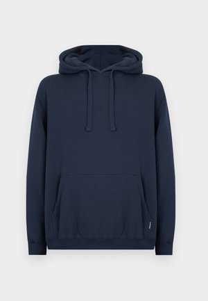Navy blue hoodie with a kangaroo pocket, adjustable drawstring hood, and ribbed cuffs and hem. Made from soft, textured fabric.