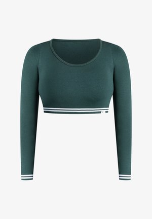 Langærmet, kort top i mørkegrøn, lavet af et glat stof, med hvide accentstriber ved kanten. Rund halsudskæring og tætsiddende design.