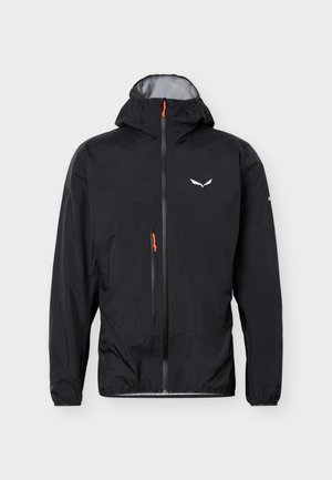 Giacca nera leggera con cappuccio, cerniera frontale completa, logo sul petto, tasca con cerniera con tirante arancione e polsini elasticizzati.