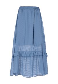Gonna azzurro chiaro realizzata in tessuto testurizzato, caratterizzata da un orlo arricciato, una vita elastica e un motivo a pois su tutta la superficie.